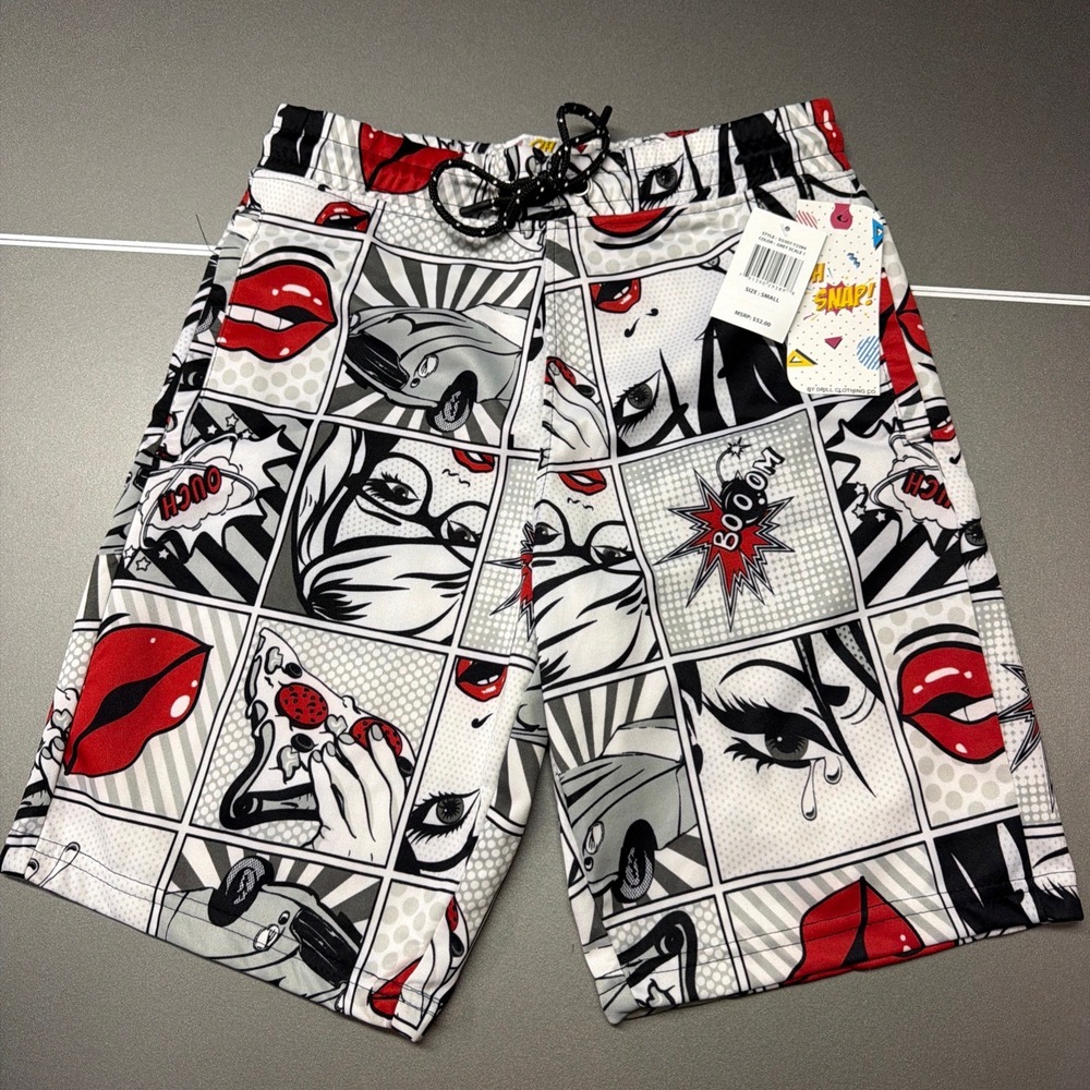 Drill Clothing Co Oh Snap Mens Comic Pop Art Mesh Shorts Grey Red D2307-Y2384 S